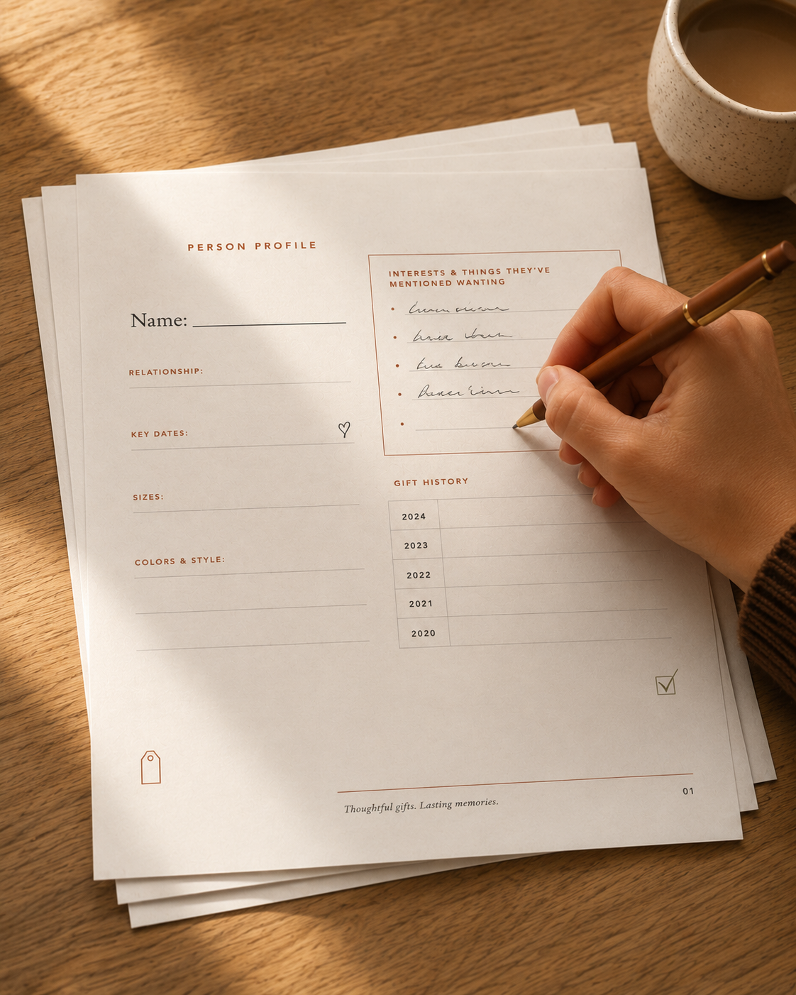 A hand writing in a Person Profile page from The Gift Vault