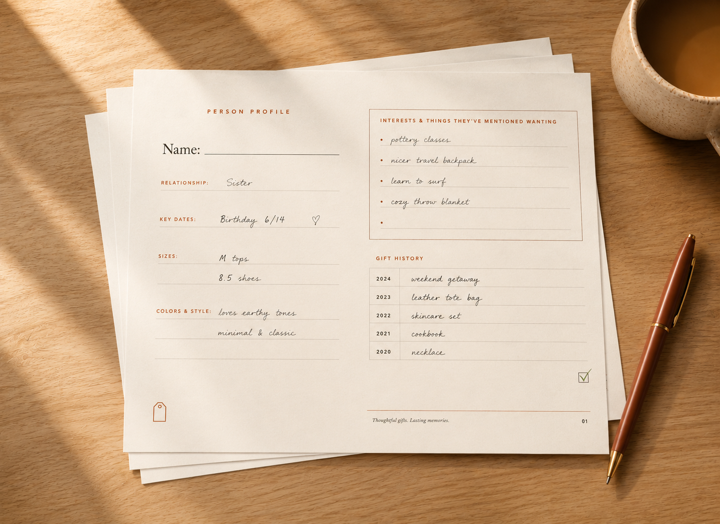 A filled-in Person Profile page from The Gift Vault showing relationship, key dates, sizes, gift history, and interests